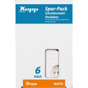 Kopp MALTA – Schutzkontakt-Steckdose, erhöhter Berührungsschutz, Farbe: Weiß, Profi-Pack: 6 Stück