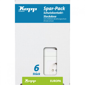 Kopp EUROPA – Schutzkontakt-Steckdose, erhöhter Berührungsschutz, Farbe: Arktisweiß, Profi-Pack: 6 Stück